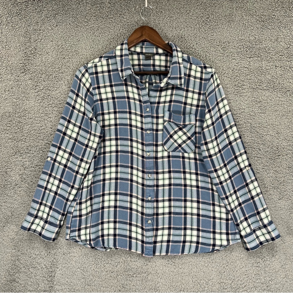Eddie Bauer Flannel Button Shirt Blue Plaid Soft Women Size XL